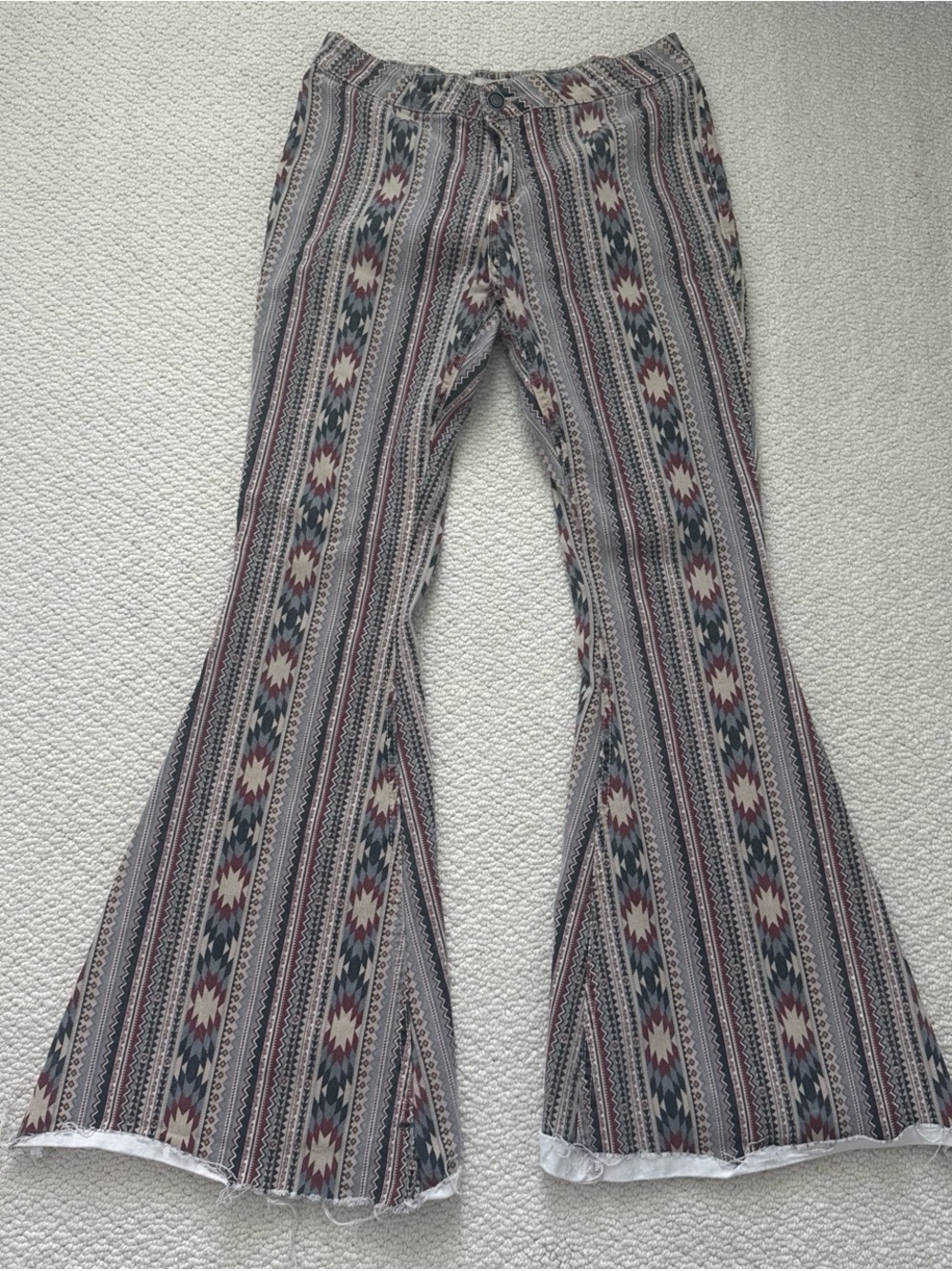 Rock & Roll Cowgirl Aztec Bootcut Jumpsuit Pants in Cream, Blue & Brown